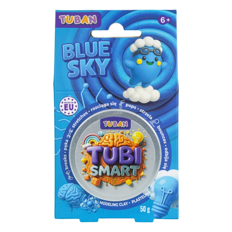 TUBI SMART PLASTELINA Tuban Blue Sky 50g, przód opakowania z cechami sensorycznymi