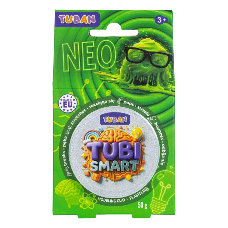 TUBI SMART PLASTELINA Tuban NEO zielona 50g, przód opakowania z cechami sensorycznymi.