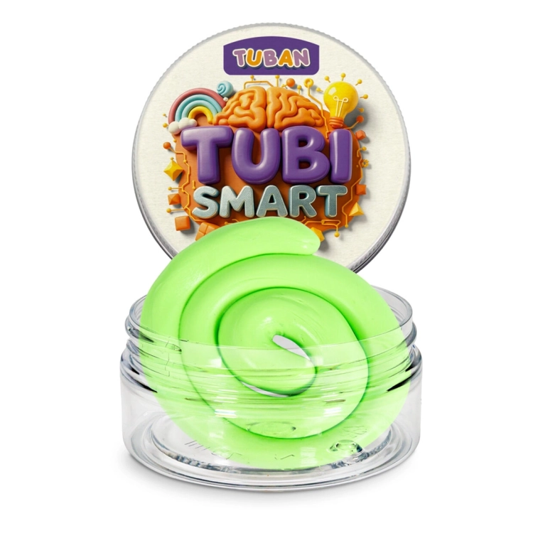 Neonowa zielona plastelina TUBI SMART PLASTELINA Tuban NEO w otwartym pojemniku.