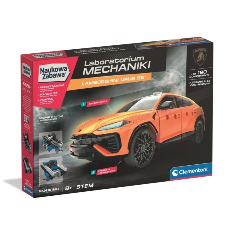 Model do składania Clementoni Laboratorium Mechaniki Lamborghini Urus SE, opakowanie zestawu konstrukcyjnego.