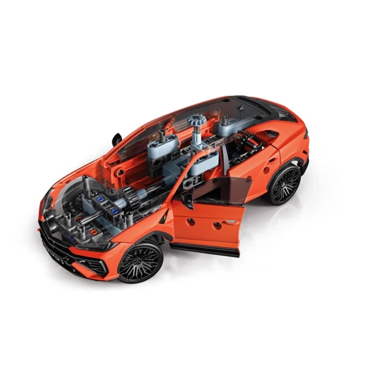 Model do składania Clementoni Lamborghini Urus SE, widok na wewnętrzny mechanizm i otwarte drzwi.