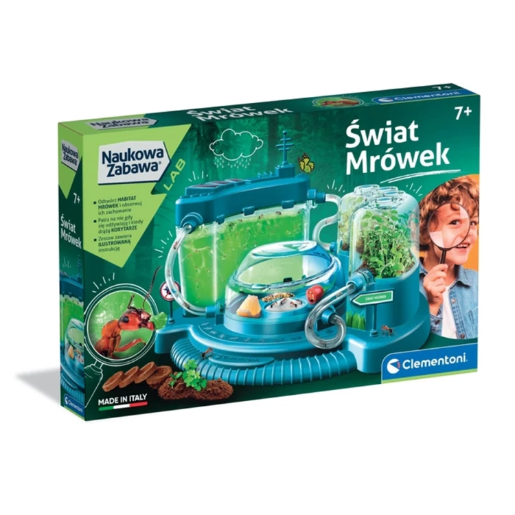 Zestaw naukowy Clementoni Świat Mrówek, opakowanie 3D z habitatem i chłopcem z lupą.