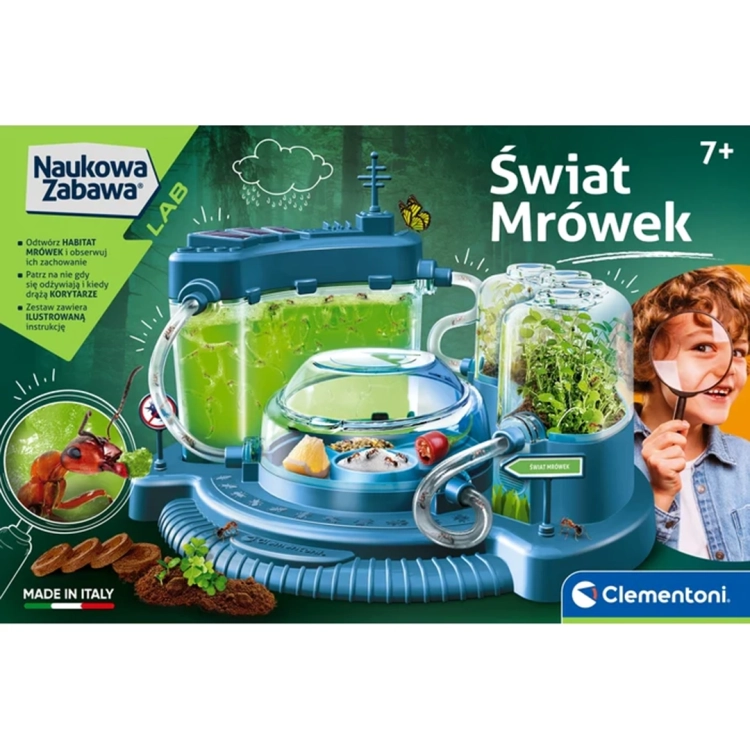 Zestaw naukowy Clementoni Świat Mrówek, przód opakowania z wizualizacją habitatów i mrówką.