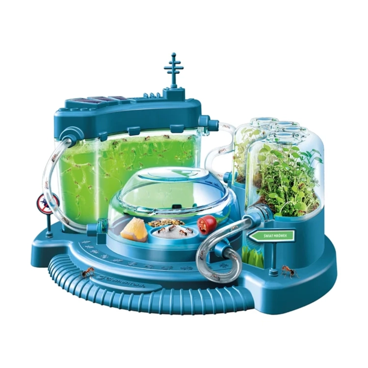 Zestaw naukowy Clementoni Świat Mrówek, złożony habitat z zielonym żelem i roślinami.