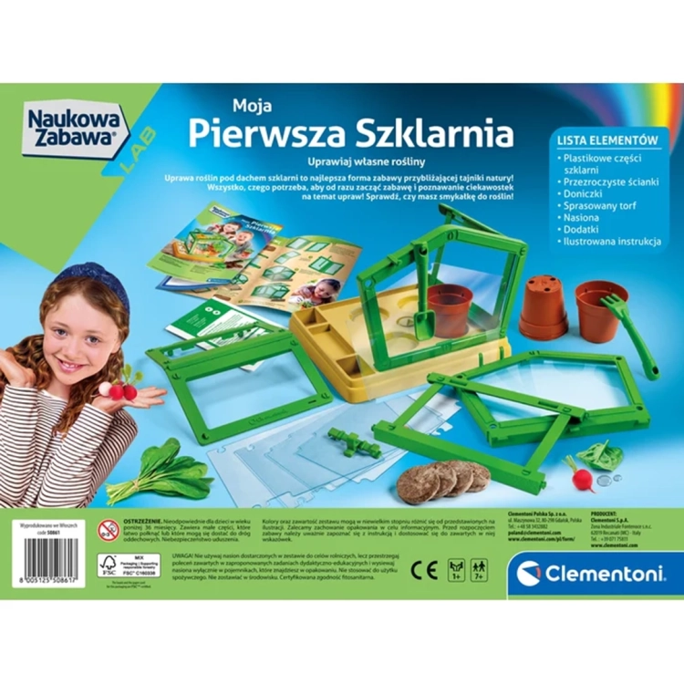 Moja Pierwsza Szklarnia Clementoni, tył opakowania z listą elementów i instrukcją.