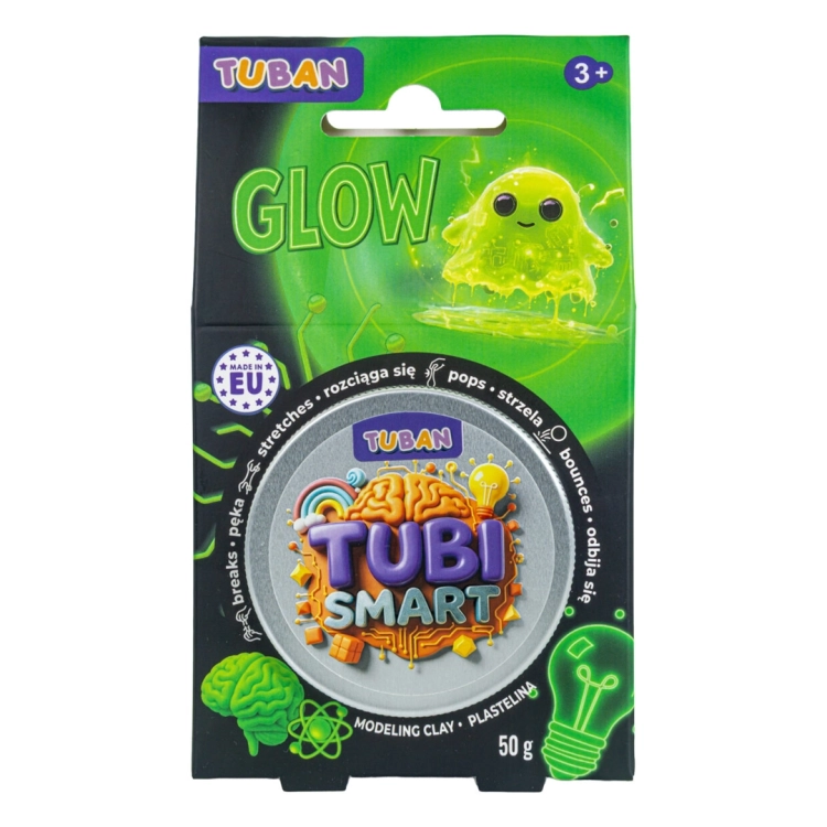 TUBI SMART PLASTELINA Tuban GLOW, przód opakowania z cechami sensorycznymi.