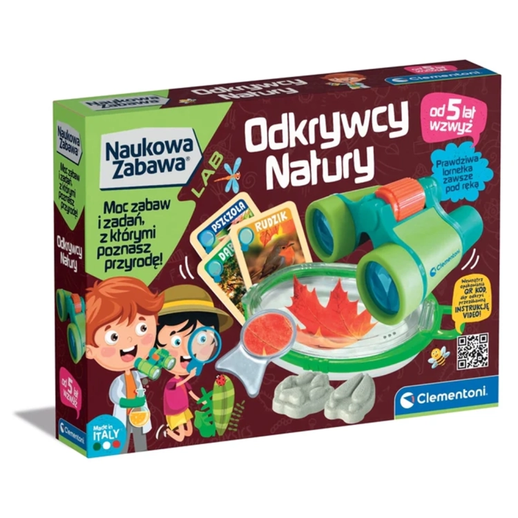 Zestaw edukacyjny Clementoni Odkrywcy Natury, opakowanie z lornetką, lupą i kartami.