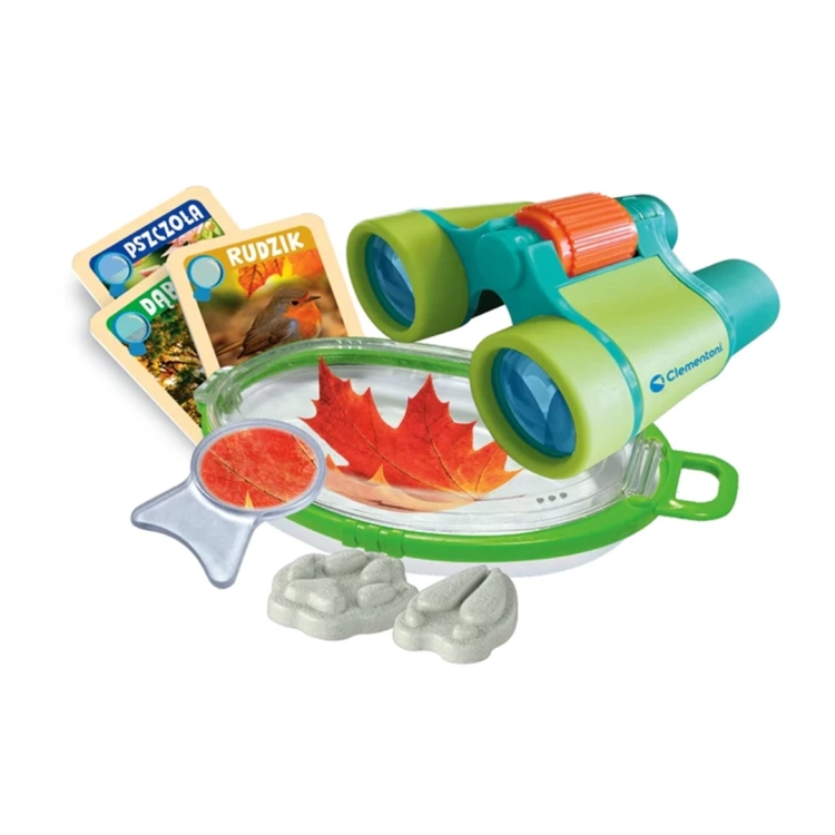 Elementy zestawu edukacyjnego Clementoni Odkrywcy Natury, lornetka, lupa i forma do gipsu.