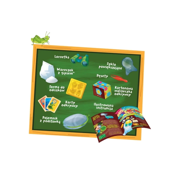 Zawartość zestawu edukacyjnego Clementoni Odkrywcy Natury, lista akcesoriów na tablicy.