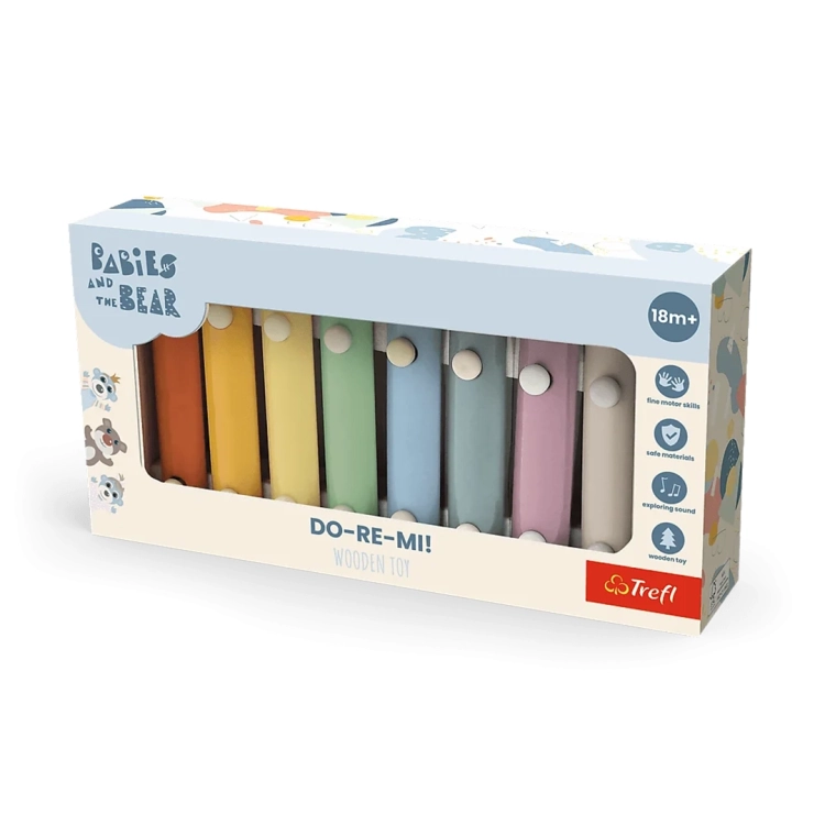 Drewniane cymbałki Do Re Mi Trefl Baby, opakowanie z widocznymi pastelowymi klawiszami i misiem.
