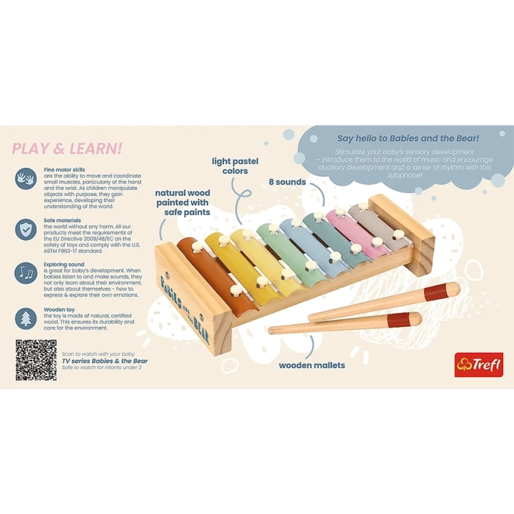 Drewniane cymbałki Do Re Mi Trefl Baby Bobaski i Miś, opis cech zabawki i bezpieczeństwa