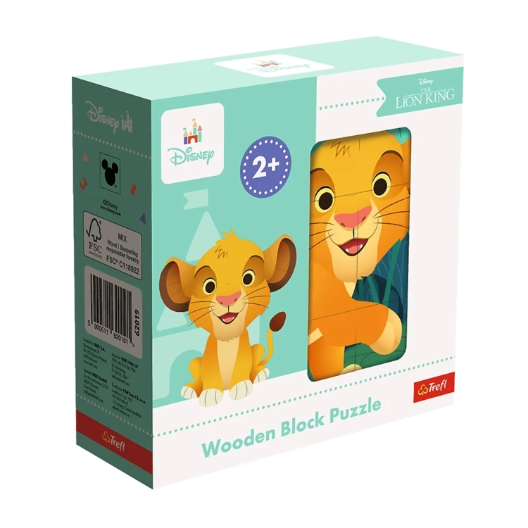 Drewniane klocki puzzle Trefl Disney Król Lew, opakowanie z widokiem na złożone obrazki.