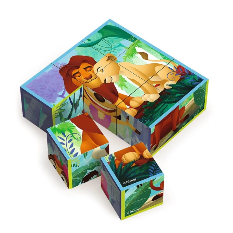 Drewniane klocki puzzle Król Lew, złożony obrazek Simby i Nali.