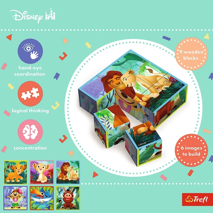 Drewniane klocki puzzle Trefl Król Lew, instrukcja i przykłady 6 obrazków do zbudowania