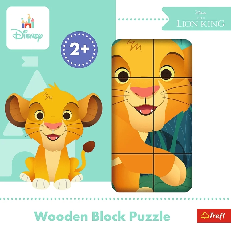 Drewniane klocki puzzle Trefl Disney Król Lew, przód opakowania z młodym Simbą.