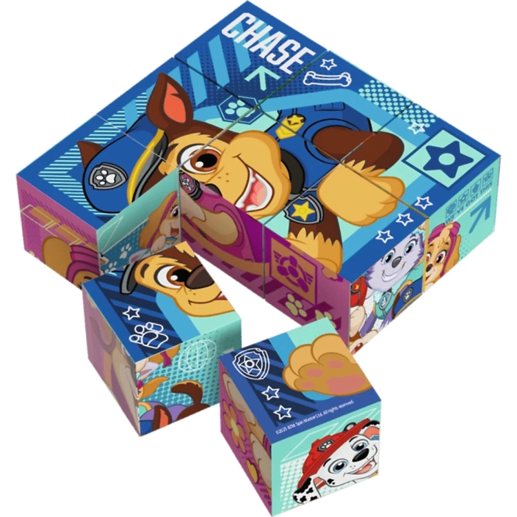Drewniane klocki puzzle Psi Patrol, złożony obrazek Chase'a i trzech innych szczeniaków.