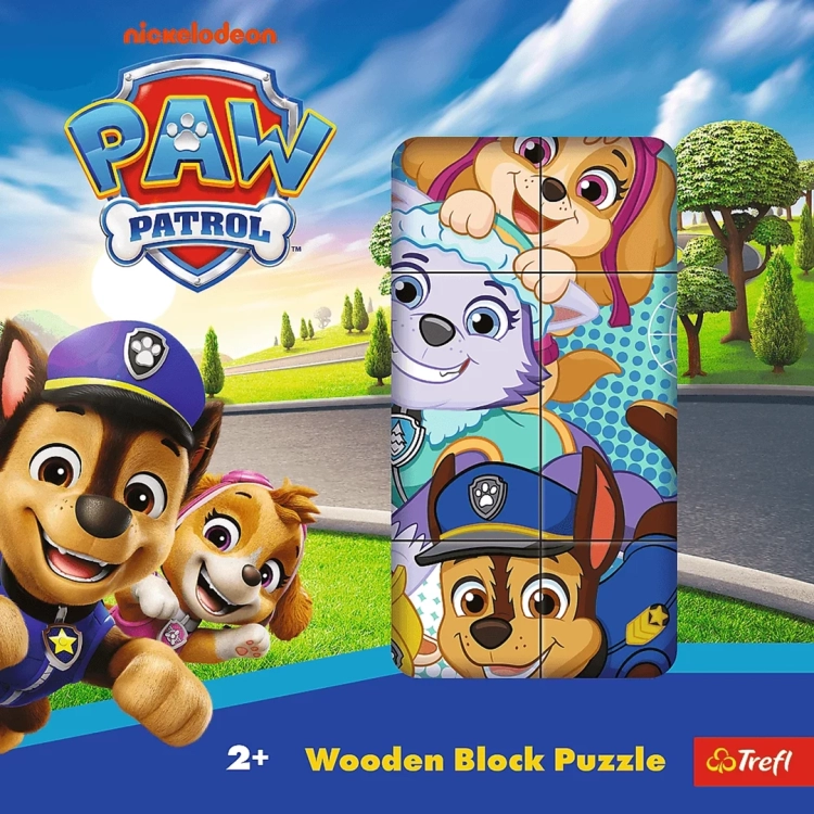 Drewniane klocki puzzle Trefl Psi Patrol, przód opakowania z postaciami i logo Nickelodeon.