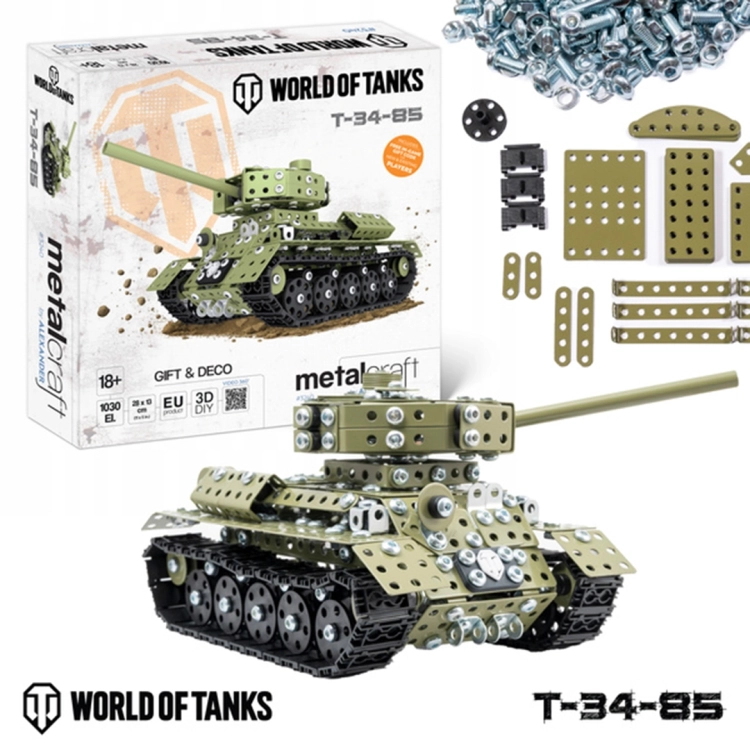 Metalowy model czołgu T-34-85 Alexander, opakowanie, złożony model i elementy zestawu.