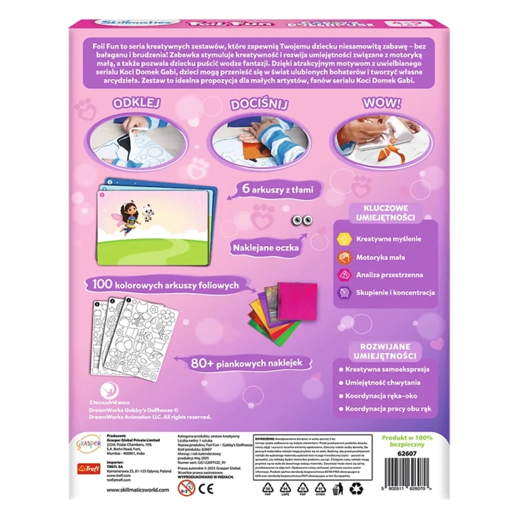 Zestaw kreatywny Skillmatics Foil Fun Koci Domek Gabby, tył opakowania z instrukcją i listą akcesoriów.
