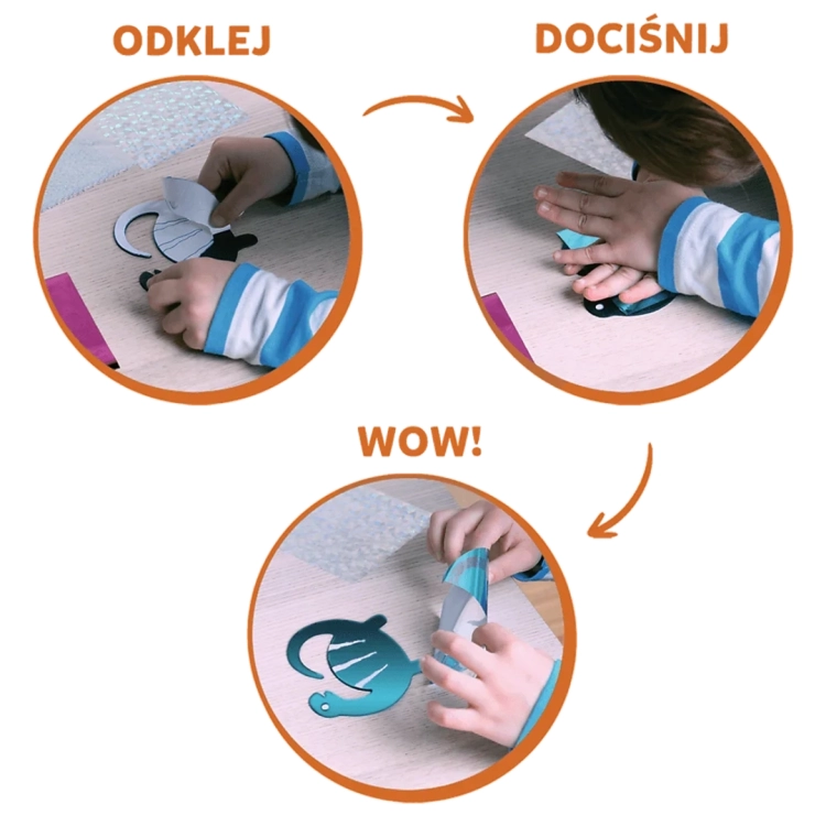 Zestaw kreatywny Skillmatics Foil Fun, instrukcja obrazkowa: Odklej, Dociśnij, Wow!