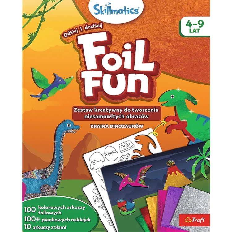 Zestaw kreatywny Skillmatics Foil Fun Kraina Dinozaurów, przód opakowania z dinozaurami.