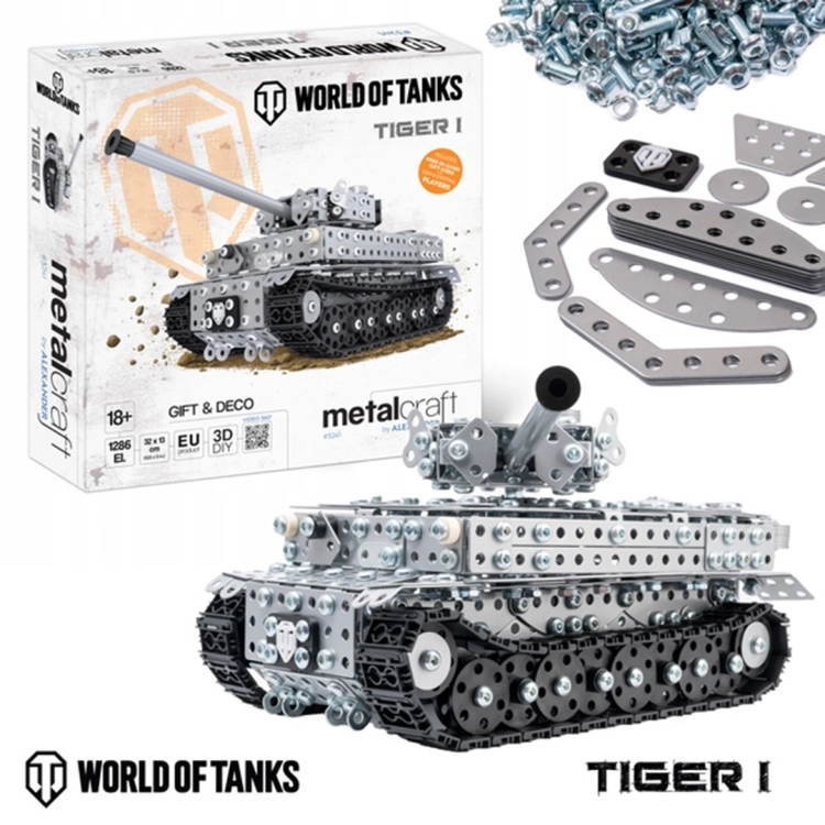 Metalowy model czołgu Tiger I Alexander, opakowanie, model i elementy zestawu.