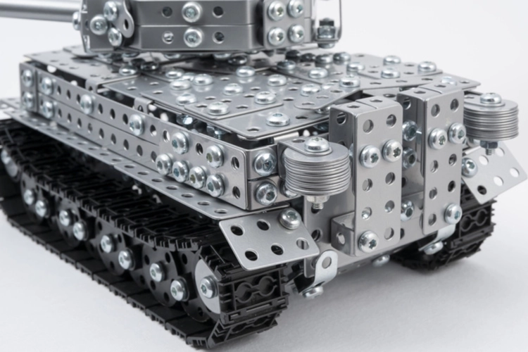 Metalowy model czołgu Tiger I, zbliżenie na kadłub i wieżę.