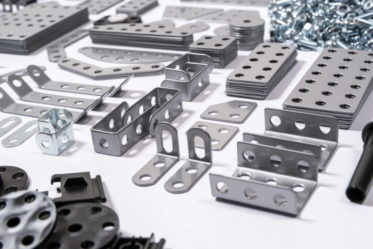 Metalowe elementy zestawu Metalcraft, zbliżenie na płytki i kątowniki.