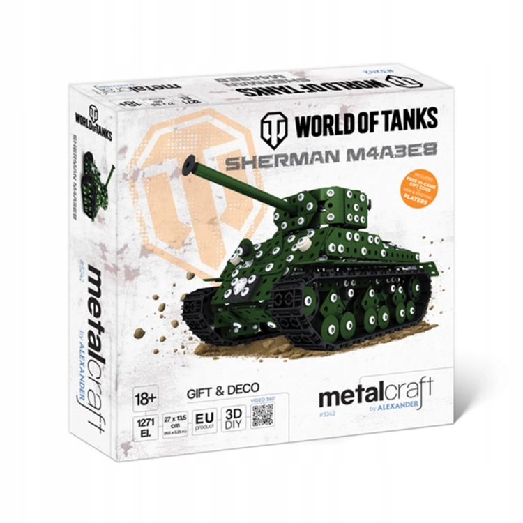 Metalowy konstruktor Sherman M4A3E8 Alexander, opakowanie z widokiem czołgu.