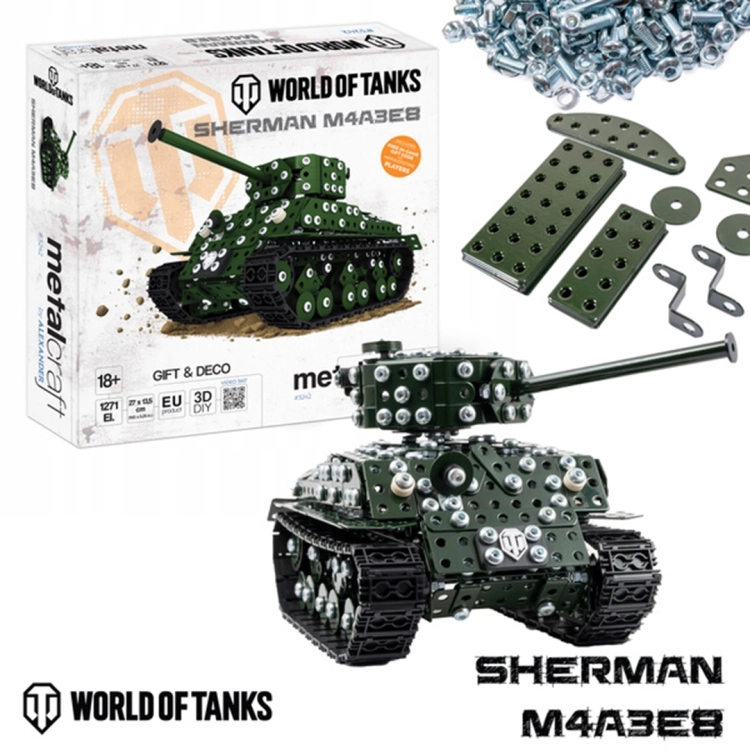 Metalcraft World of Tanks Sherman M4A3E8, opakowanie, złożony model i elementy do budowy.