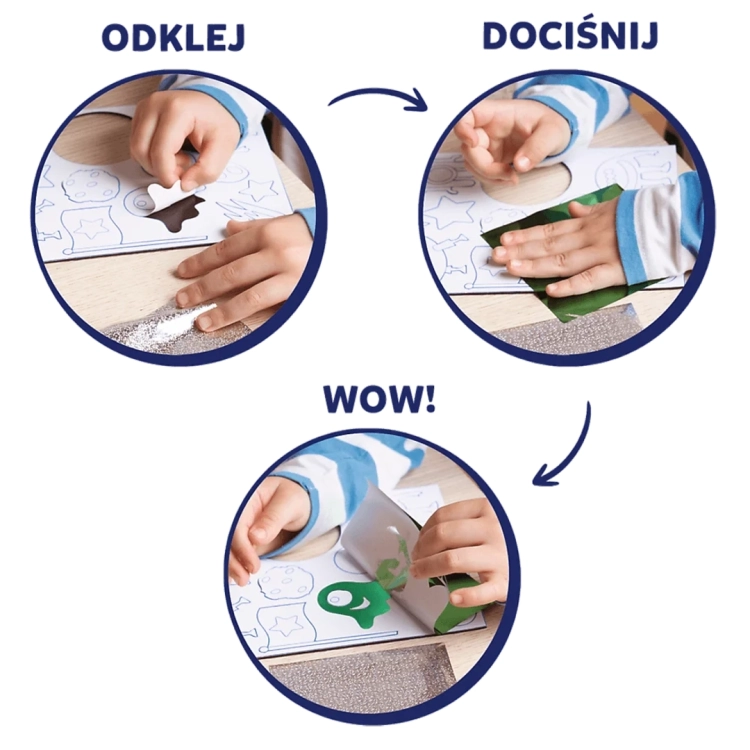 Zestaw kreatywny Skillmatics Foil Fun, instrukcja obrazkowa: Odklej, Dociśnij, Wow!.
