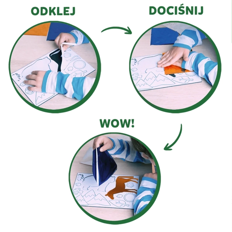 Zestaw kreatywny Skillmatics Foil Fun, instrukcja obrazkowa: Odklej, Dociśnij, Wow! na przykładzie jelenia.