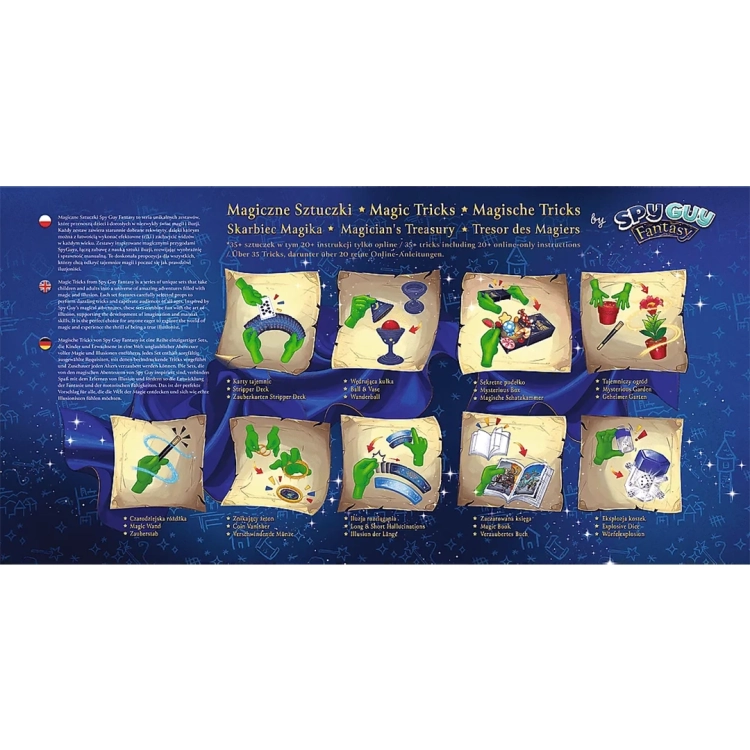 Zestaw Magiczne Sztuczki Spy Guy Fantasy, tył opakowania ze schematami 10 sztuczek magicznych.