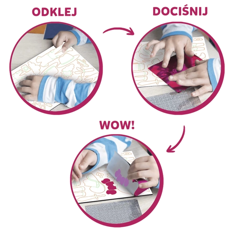 Zestaw kreatywny Skillmatics Foil Fun, instrukcja obrazkowa: Odklej, Dociśnij, Wow!