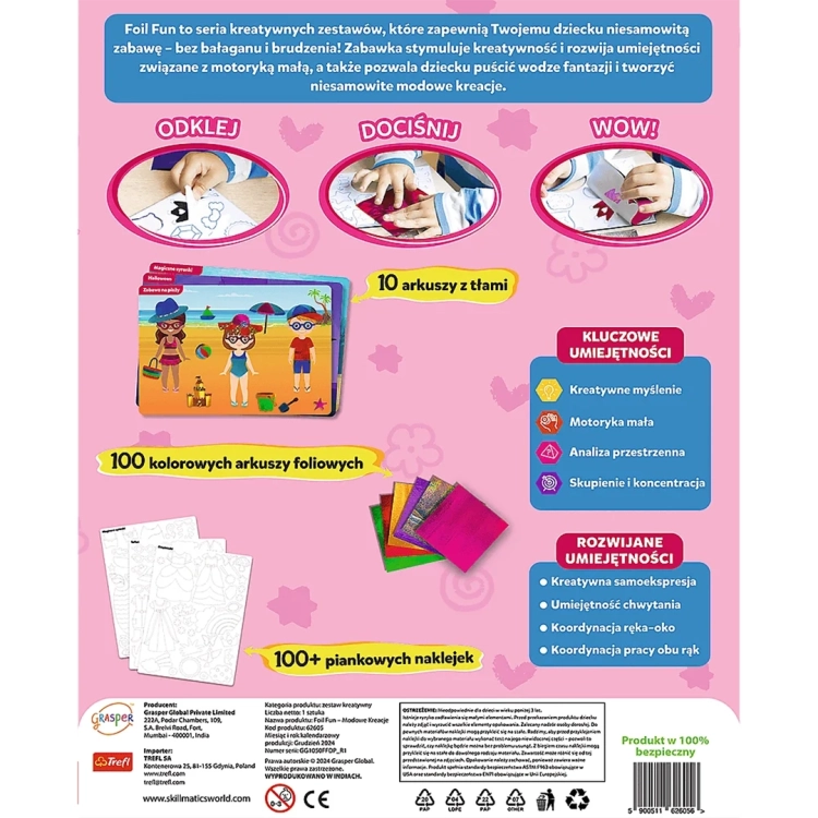 Tył opakowania zestawu Skillmatics Foil Fun Modowe Kreacje, instrukcja i rozwijane umiejętności