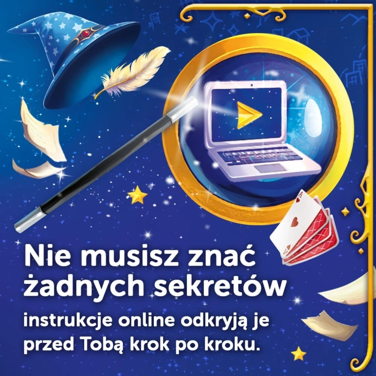 Zestaw Magiczne Sztuczki Spy Guy Fantasy, ilustracja: magiczna różdżka i instrukcje online.