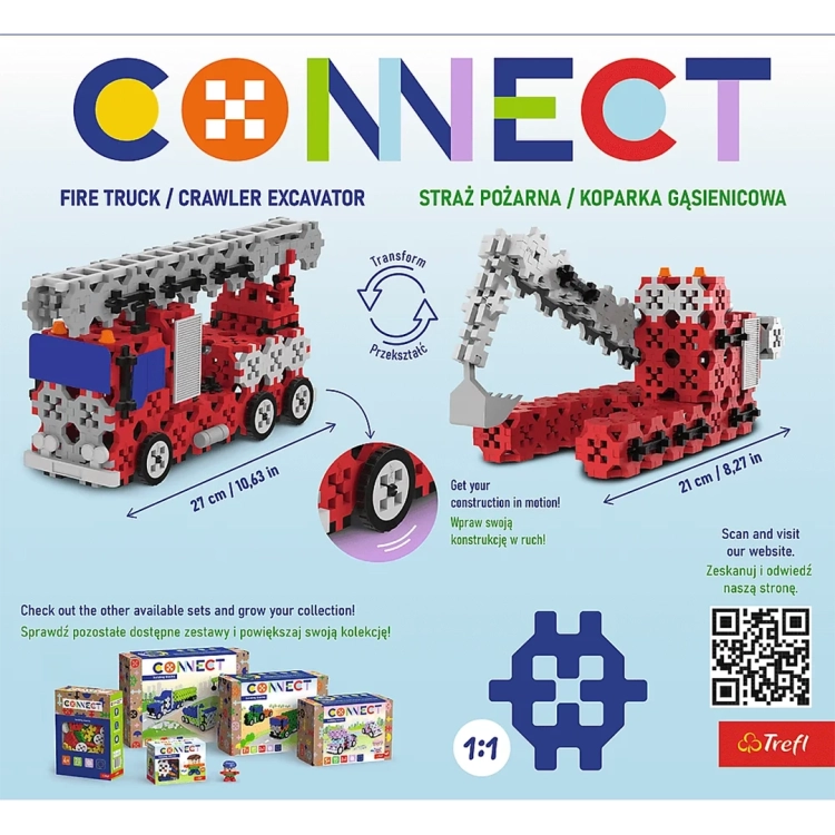 Złożony wóz strażacki i koparka gąsienicowa z klocków Trefl Connect.