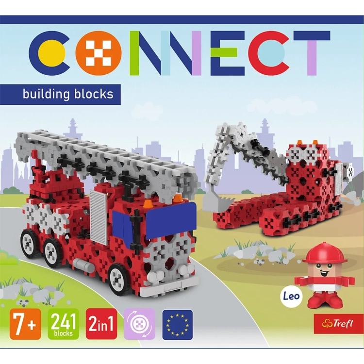 Tył opakowania klocków Trefl Connect 2w1, schematy wozu strażackiego i koparki z wymiarami.