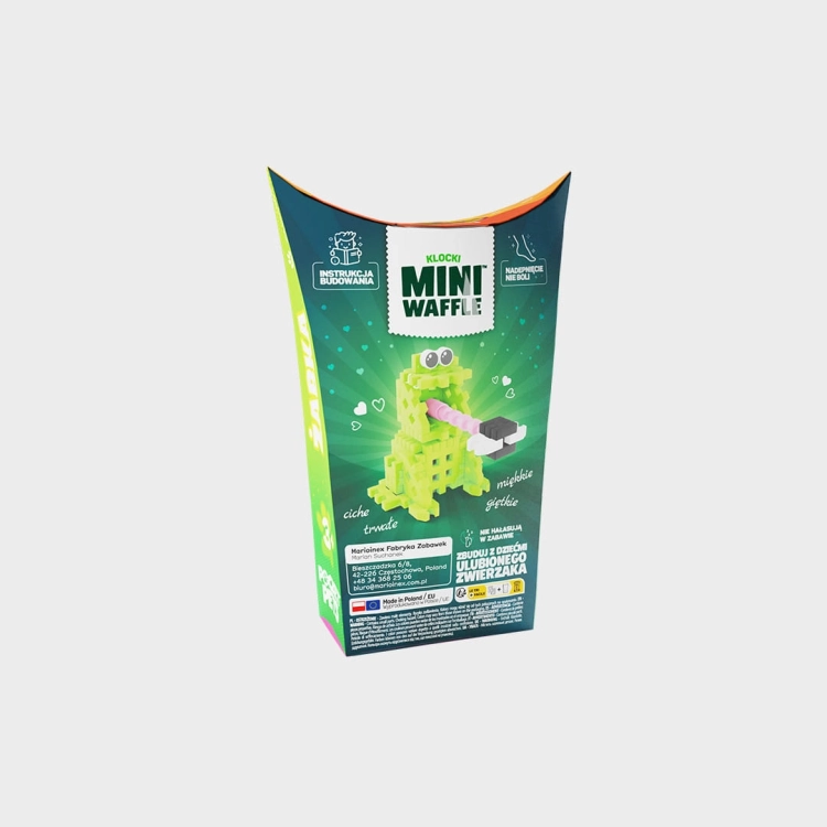 Klocki Marioinex Mini Waffle Pocket Pets Żaba, widok na tył opakowania z cechami klocków.