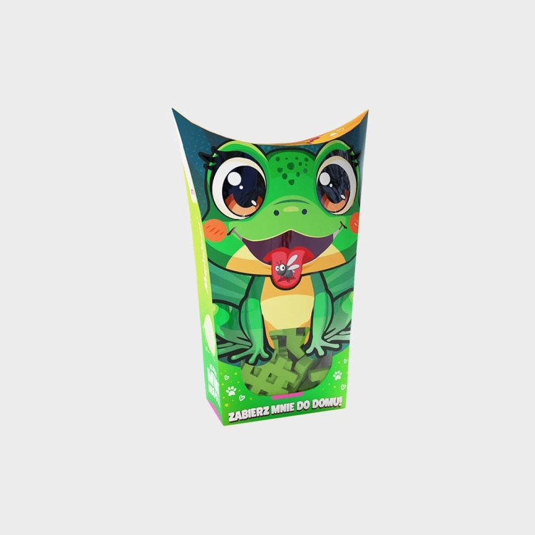 Klocki Marioinex Mini Waffle Pocket Pets Żaba, frontowe opakowanie z ilustracją łapiącej muchę żaby.