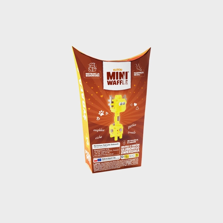 Klocki Marioinex Mini Waffle Pocket Pets Żyrafa, widok na tył opakowania z cechami klocków.