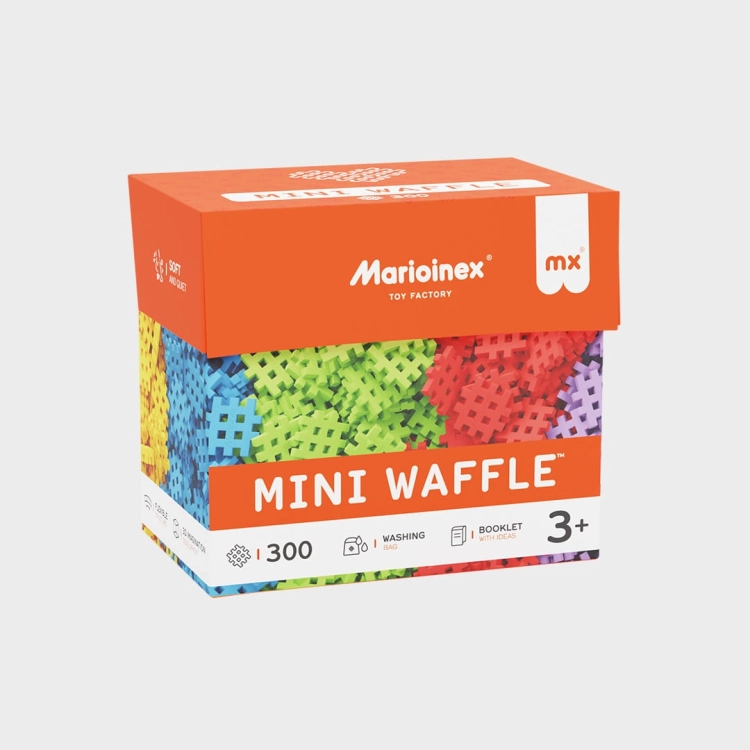 Klocki Marioinex Mini Waffle 300 elementów, pomarańczowe opakowanie zestawu.