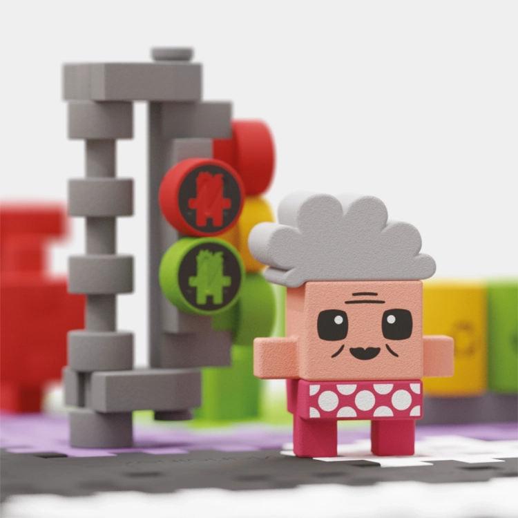 Złożona figurka sąsiadki Wandy z klocków Marioinex City Street przy sygnalizacji świetlnej.