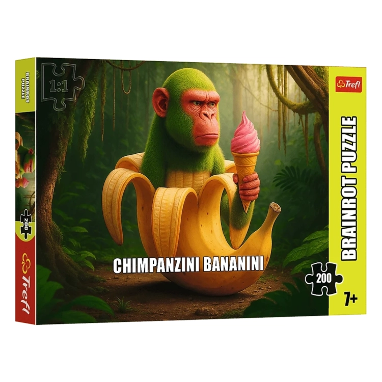 Opakowanie puzzli Trefl Brainrot 200 elementów, Chimpanzini Bananini w dżungli.