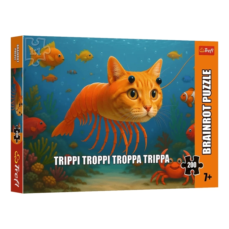 Opakowanie puzzli Trefl Brainrot 200 elementów, postać Trippi Troppi w podwodnym świecie.