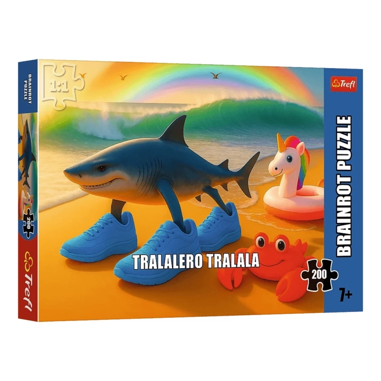 Opakowanie puzzli Trefl Brainrot 200 elementów, postać Tralalero Tralala na plaży.