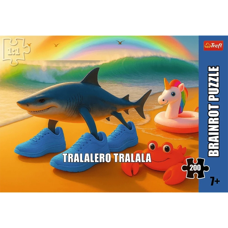 Gotowy obrazek puzzli Trefl Brainrot 200 elementów, rekin w butach na plaży pod tęczą.