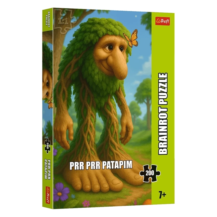 Opakowanie puzzli Trefl Brainrot 200 elementów, postać Prr Prr Patapim w lesie.