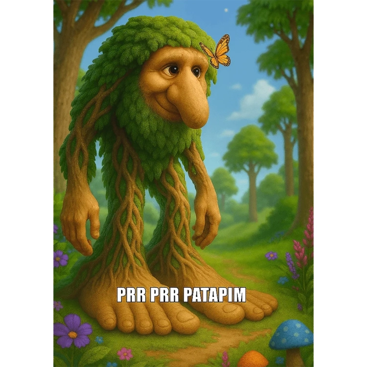 Puzzle Trefl Brainrot, ułożony obrazek stwora Prr Prr Patapim z liści i gałęzi.