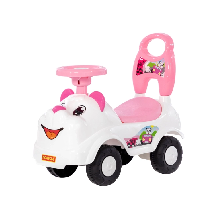 Jeździk auto dla dziecka Polesie MIŁA, biało-różowy pojazd z motywem misia.
